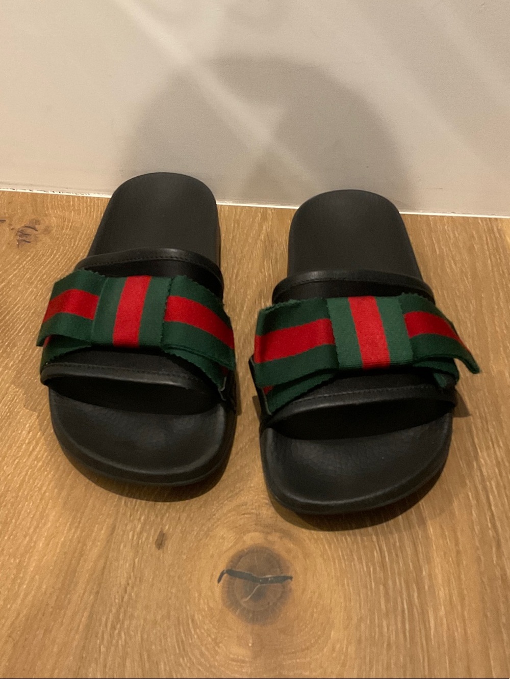 Kids Black Slide Sandals with Green and Red Straps